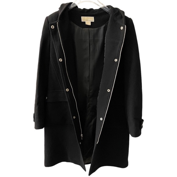 Michael Kors Black Wool Zip Snap Button Front Hooded Pocket Mid Knee Overcoat - Picture 4 of 11